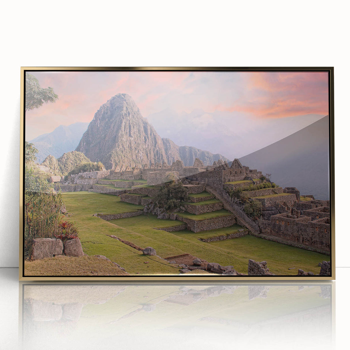 Framed acrylic print of Machu Picchu in soft earth tones, ideal for modern art wall decor.