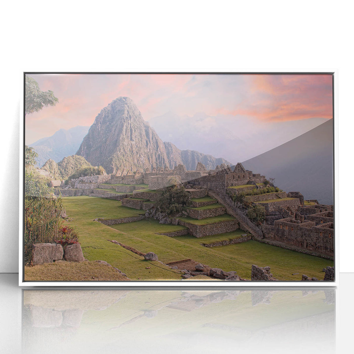 Acrylic print of Machu Picchu in soft pastel shades, framed in white, suitable for modern art wall decor.