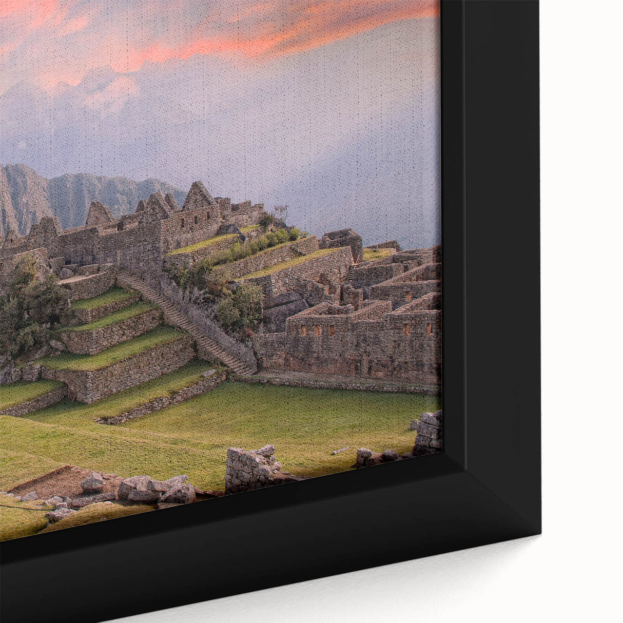 Black framed canvas of Machu Picchu with textured, colorful art, ideal for living room decor.