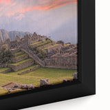 Black framed canvas of Machu Picchu with textured, colorful art, ideal for living room decor.