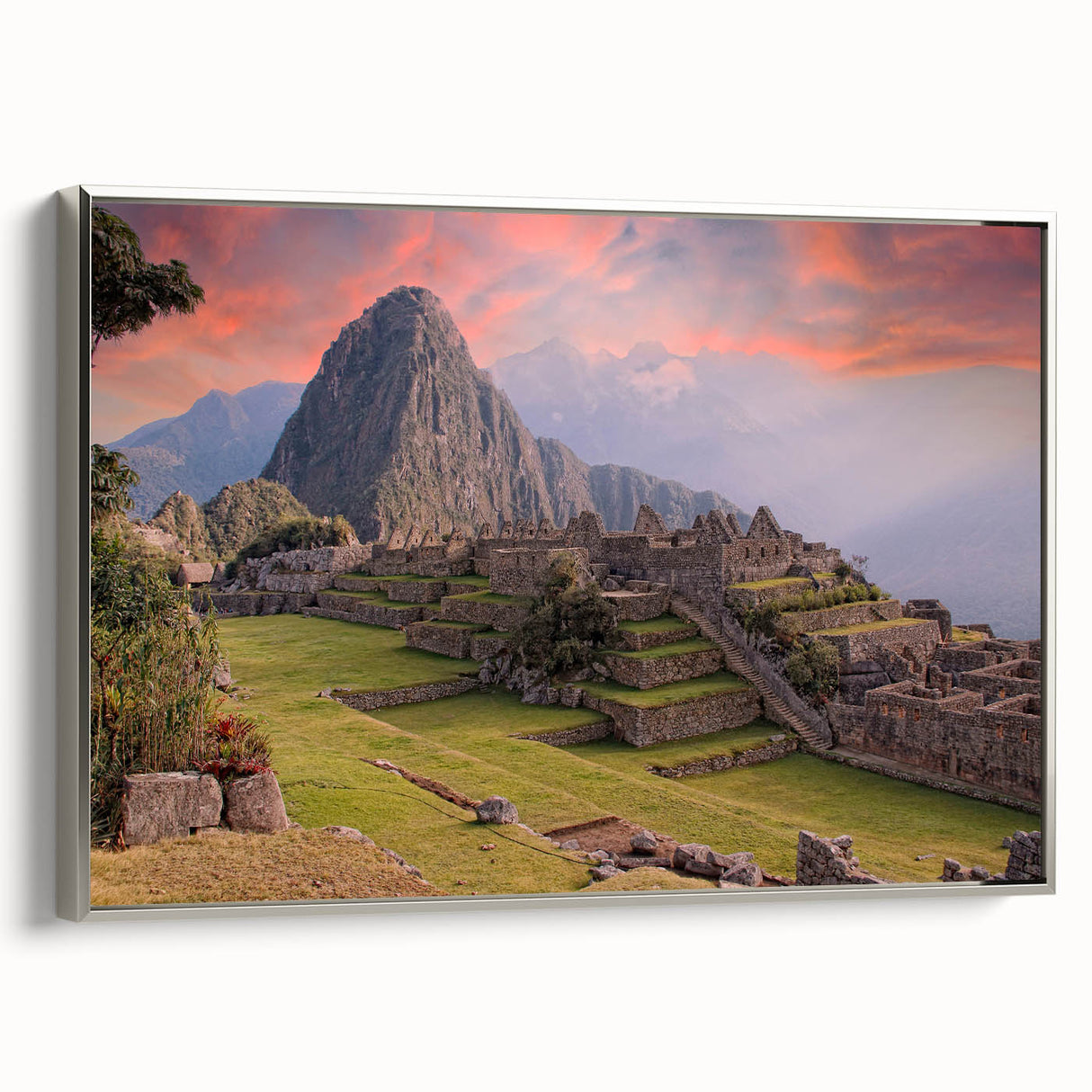 Framed canvas landscape art painting depicting the vibrant, colorful Machu Picchu scenery.