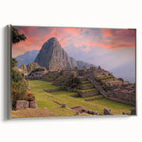 Framed canvas landscape art painting depicting the vibrant, colorful Machu Picchu scenery.