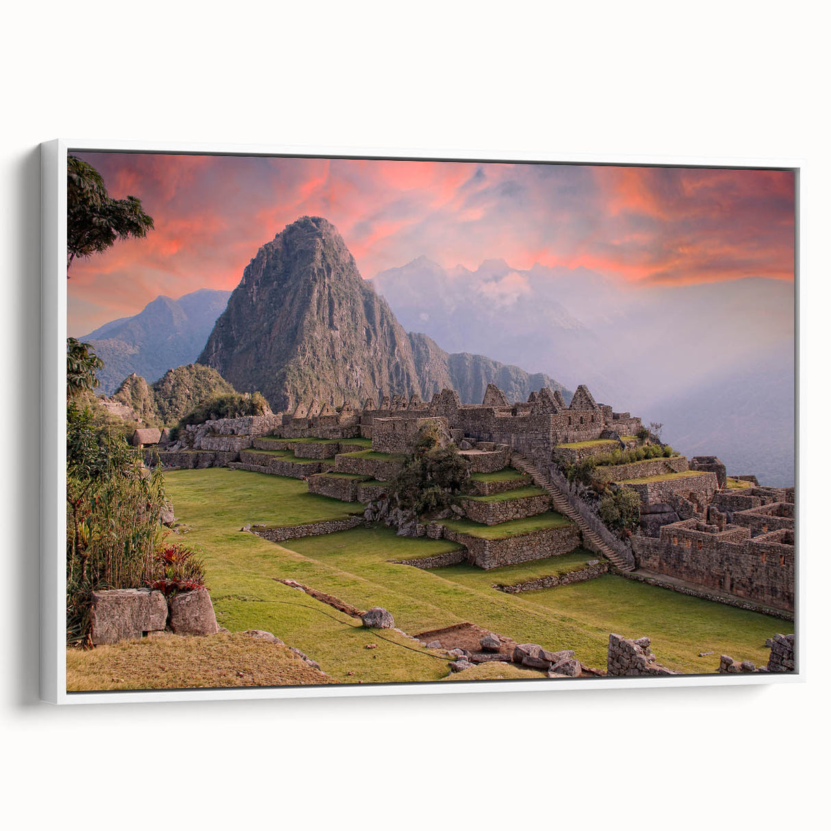 Vintage poster art of Machu Picchu with colorful palette on extra large framed canvas, ideal for living room.