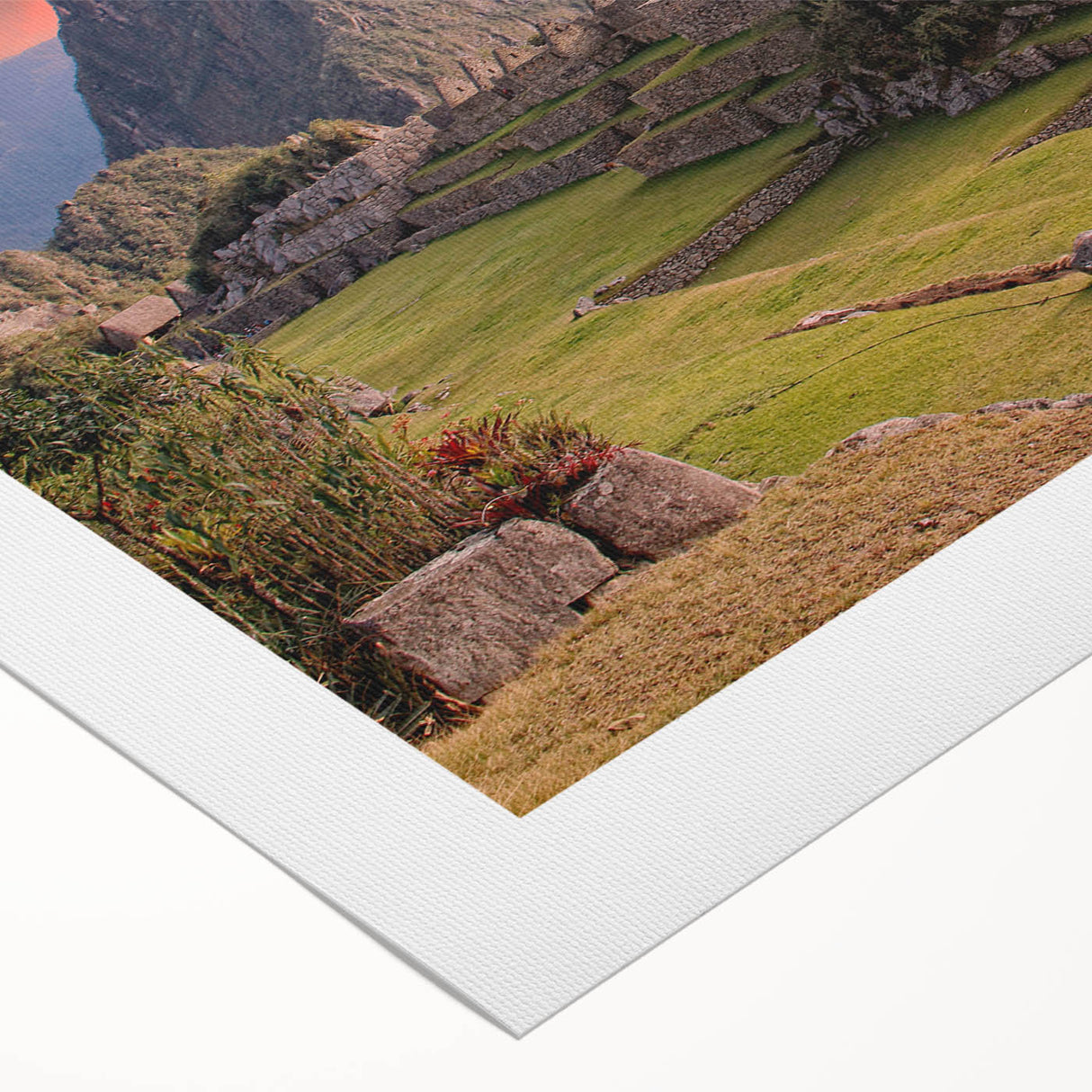 Art deco poster of Machu Picchu in muted earth tones on rolled canvas, suitable for dining room decor.