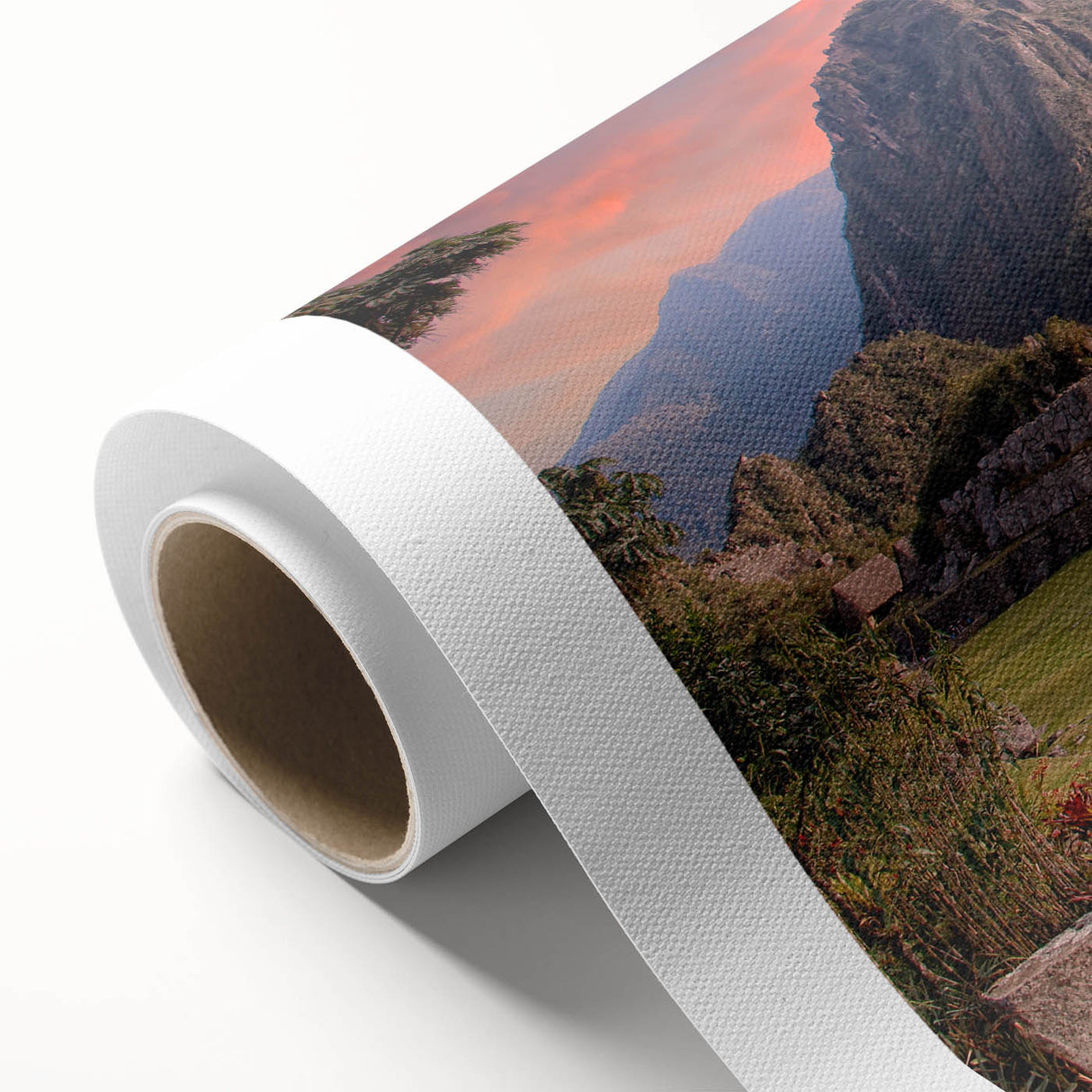 Art deco poster of Machu Picchu in muted earth tones on rolled canvas, ideal for nursery wall art.