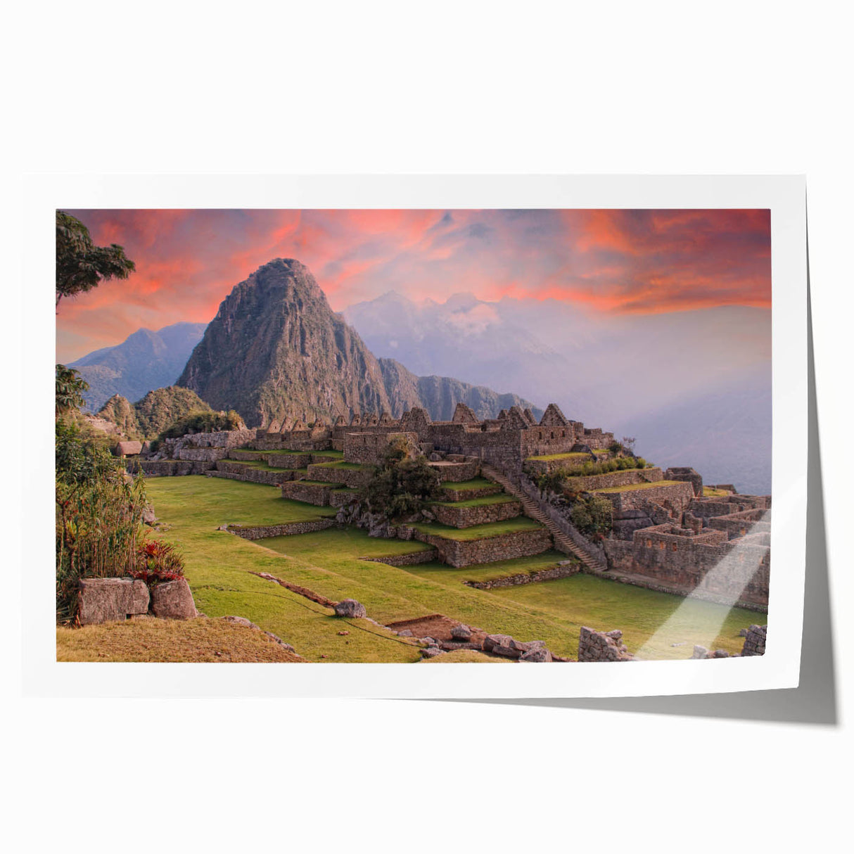 Extra large rolled print of Machu Picchu in muted earth tones, ideal for art wall dining room or classy bathroom wall art.