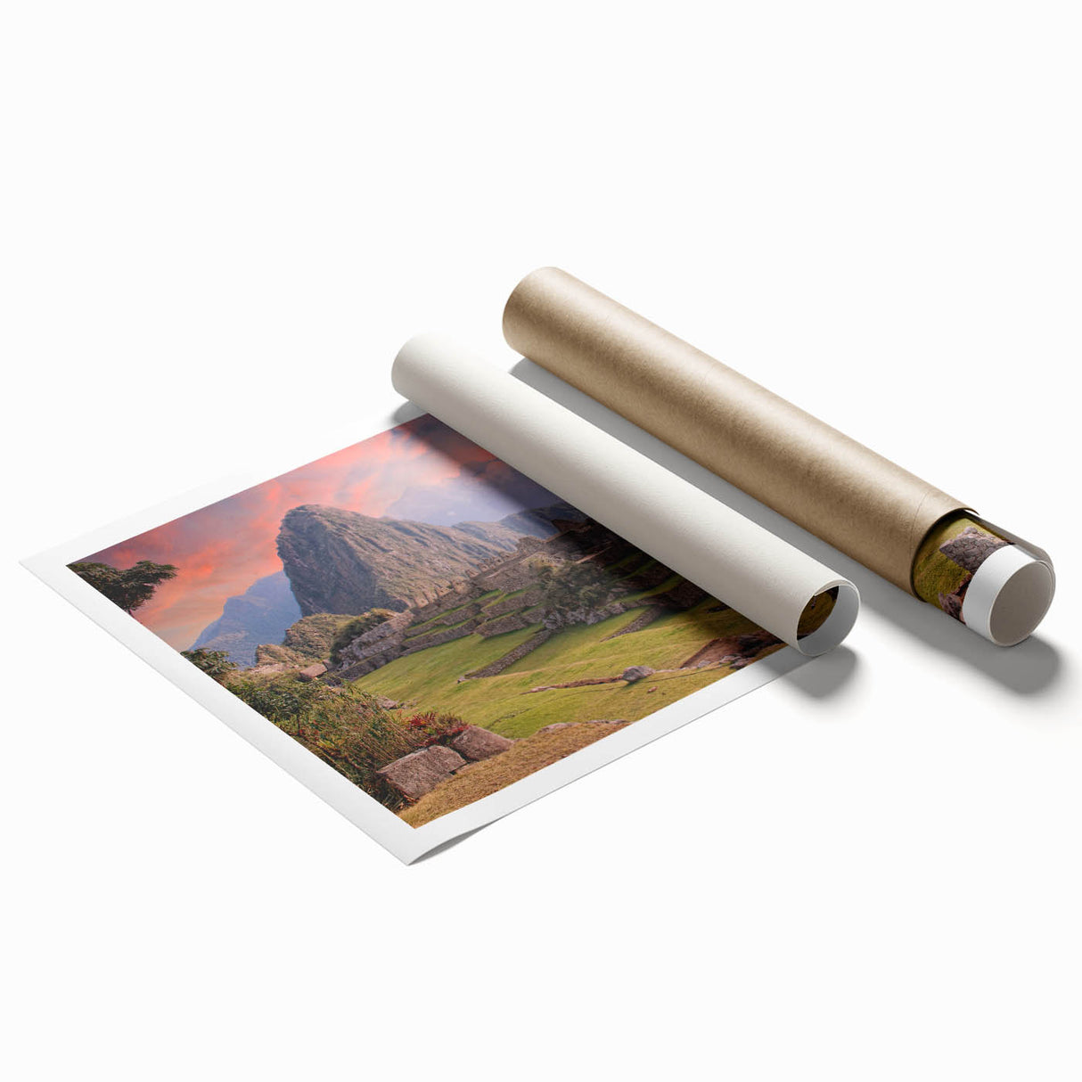 Extra large rolled print of Machu Picchu in muted earth tones, ideal for classy bathroom or large living room wall art.