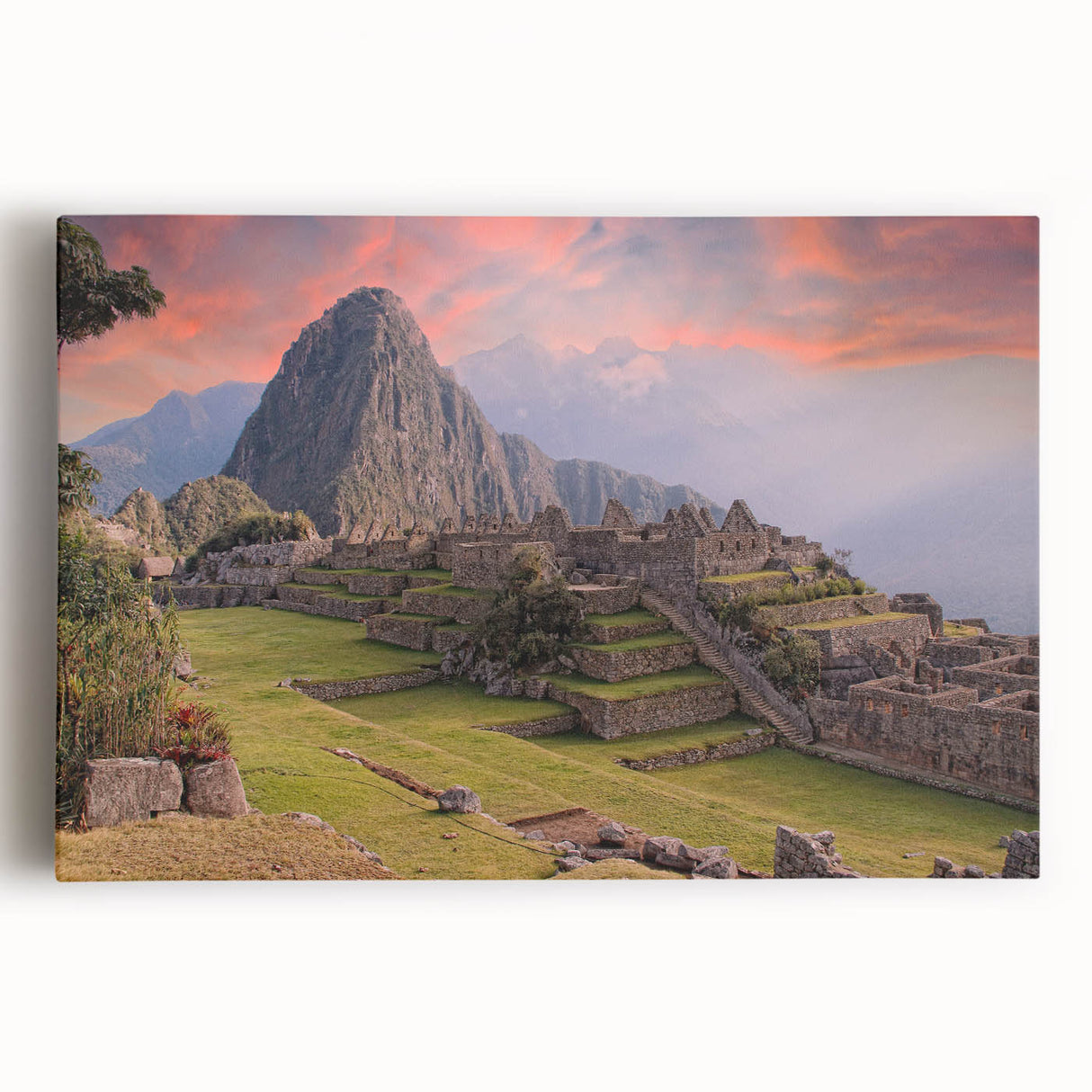 Black and white stretched canvas of Machu Picchu, ideal for kitchen wall art.