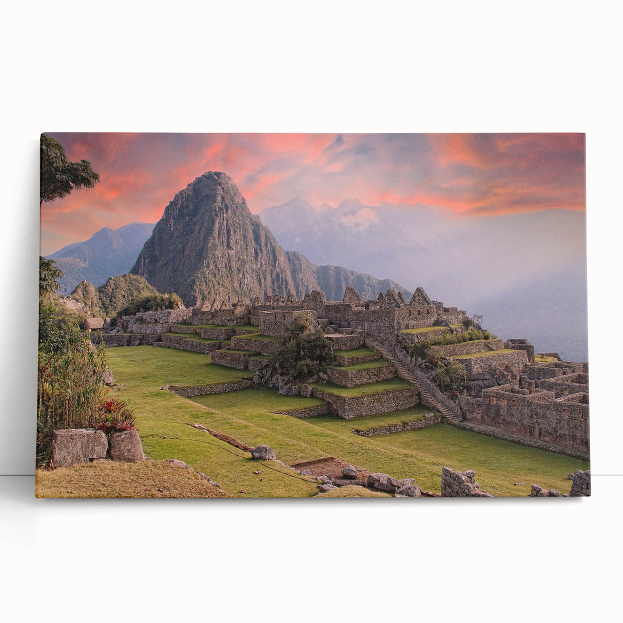 Black and white stretched canvas of Machu Picchu in a panoramic view, ideal for kitchen wall art.