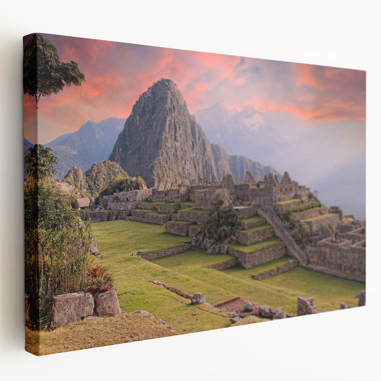 Panoramic view of Machu Picchu in muted earth tones on a large stretched canvas, ideal for kitchen wall art.
