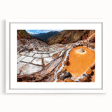 Abstract art print of a Peruvian landscape in earthy tones, framed with a white mat, suitable for dining room decor.