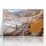 Art deco poster of a Peruvian landscape in muted earth tones on framed acrylic, suitable for nursery wall decor.