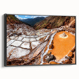 Black and white framed canvas featuring a vintage poster art style landscape of a Peruvian scenery.