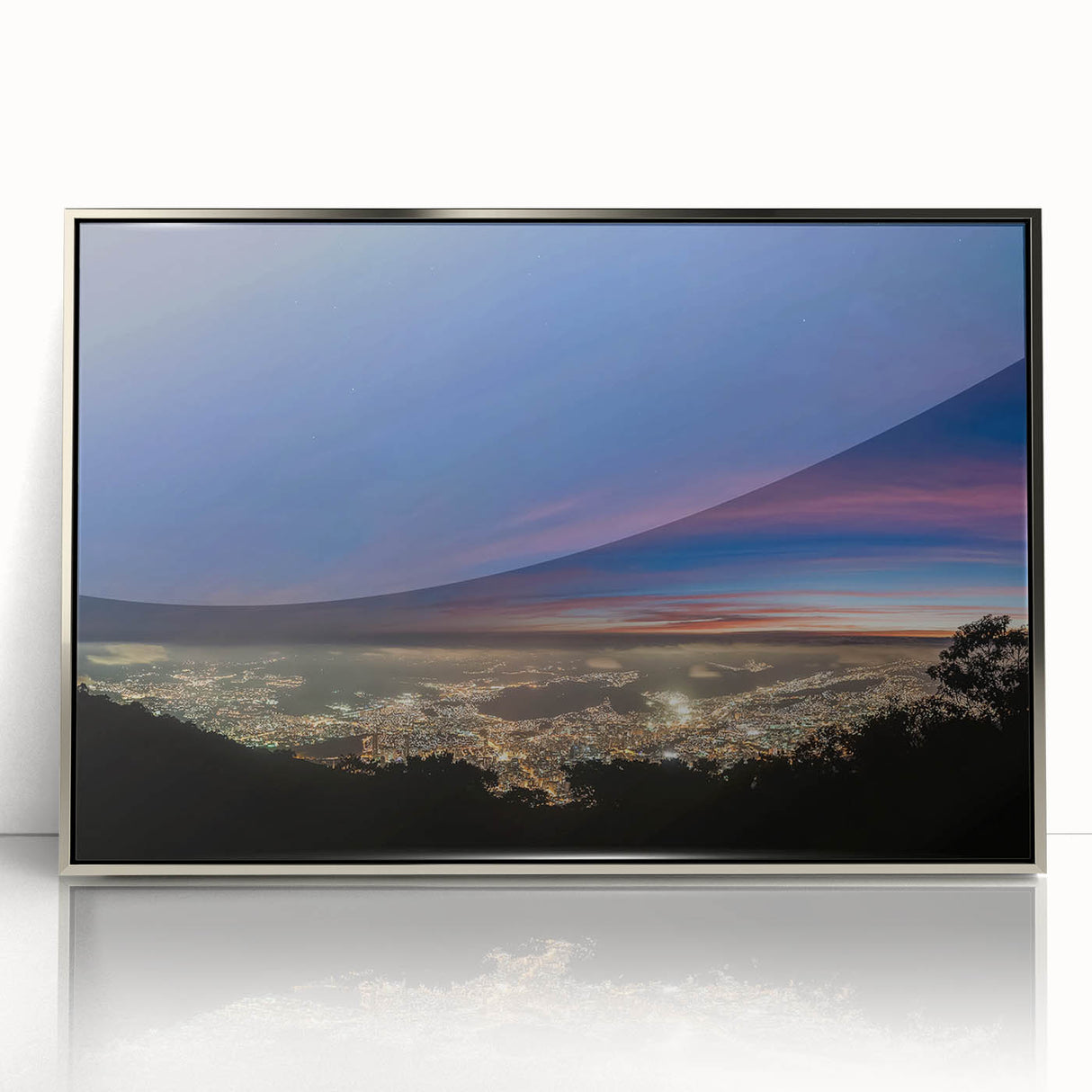 Mid-century modernist art depicting a serene Venezuelan landscape in muted earth tones on a silver-framed acrylic print.