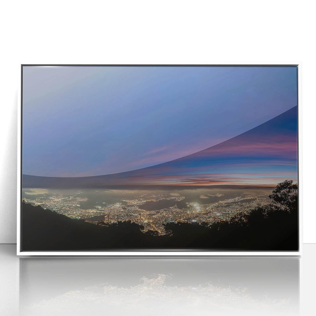 Acrylic print of a serene Venezuelan landscape in soft pastel shades, framed in white, suitable for nursery wall art.