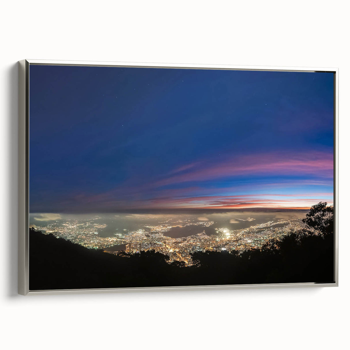 Framed canvas featuring a vintage landscape art painting of a Venezuelan scenery in colorful and black tones.