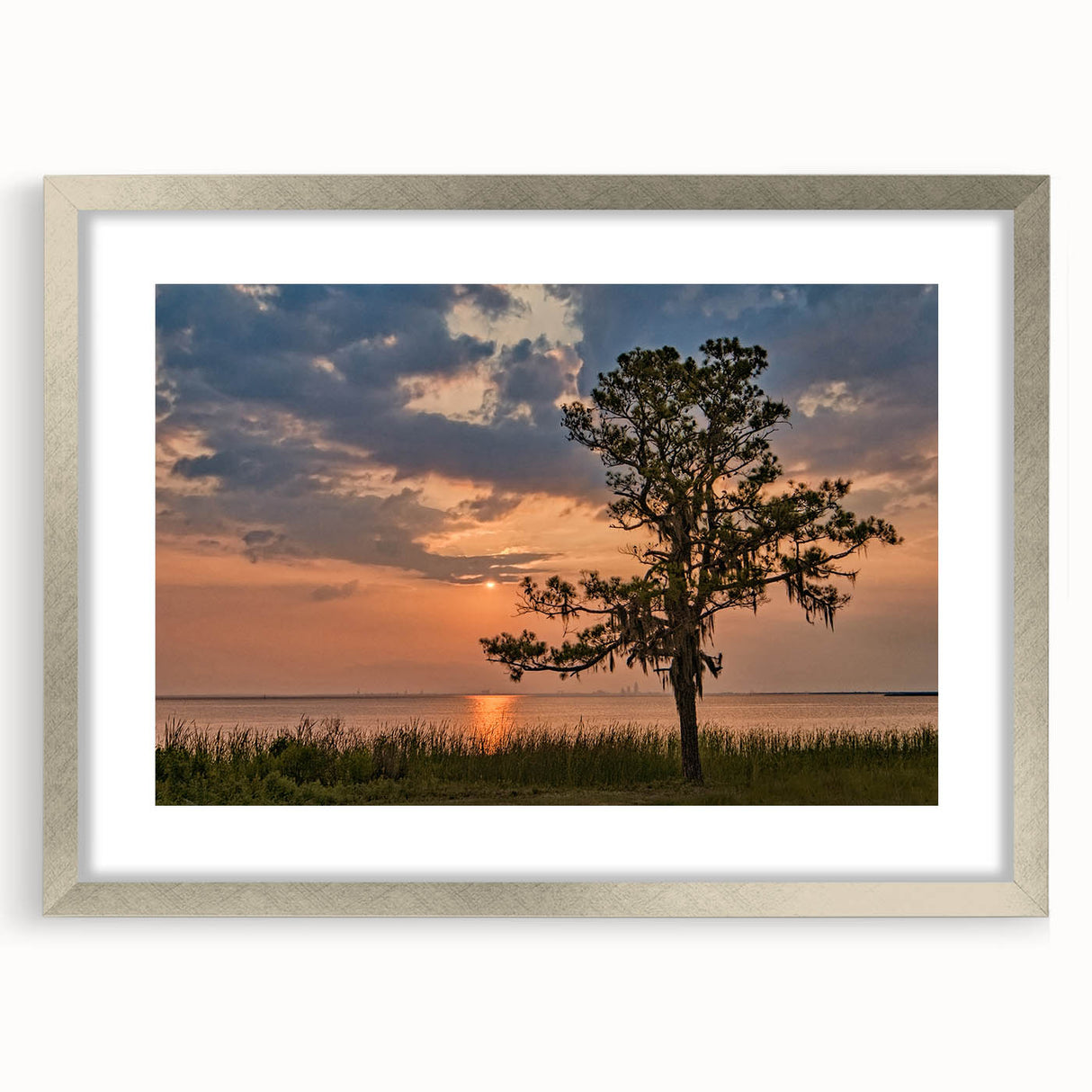 Textured abstract art print of Alabama scenery in muted earth tones on a framed silver mat, ideal for bedroom art.