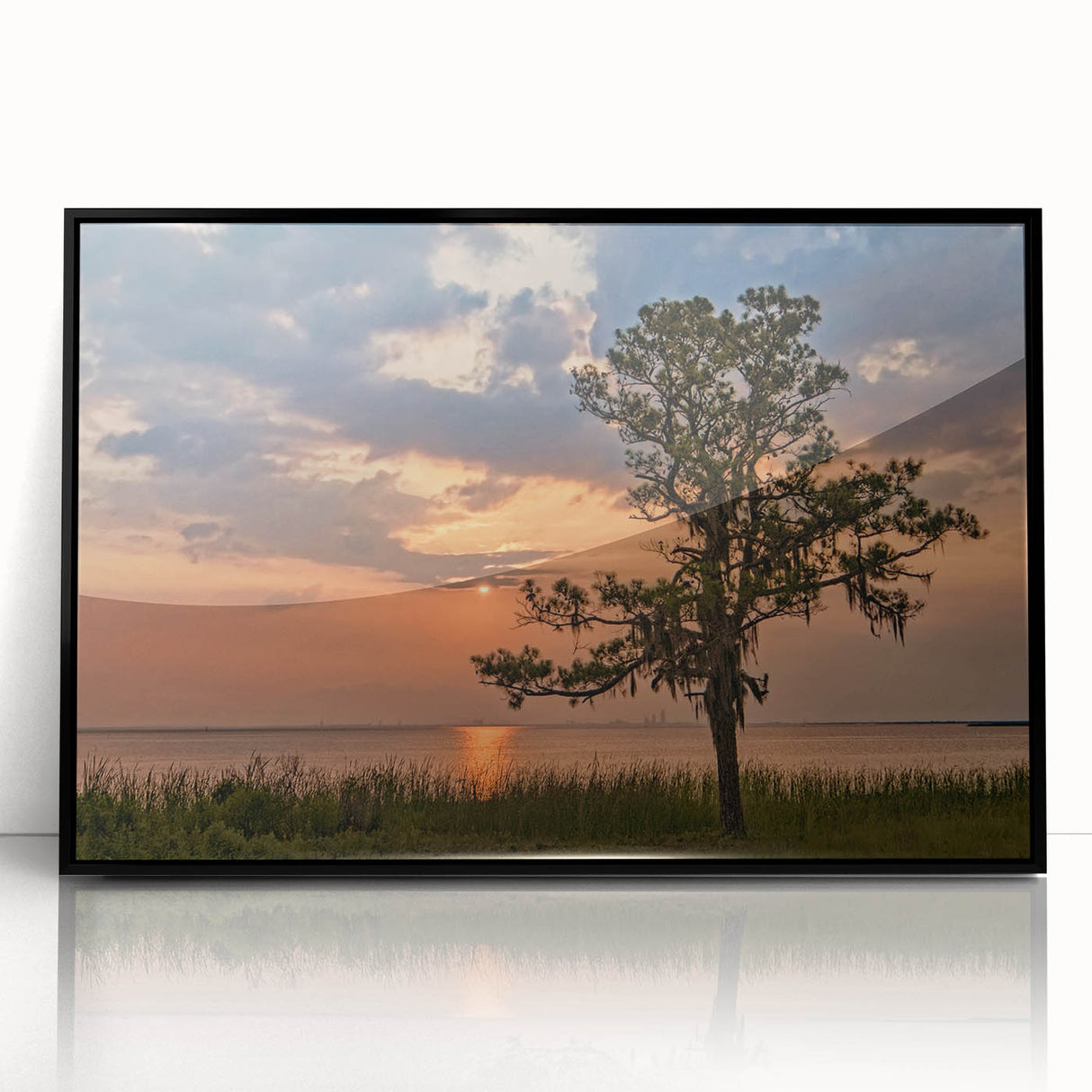 Large abstract wall art depicting a vibrant Alabama landscape in mid-century modernist style, framed in black acrylic.