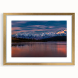 Extra large abstract art print of Denali, Alaska, in textured style with muted earth tones, framed in gold.