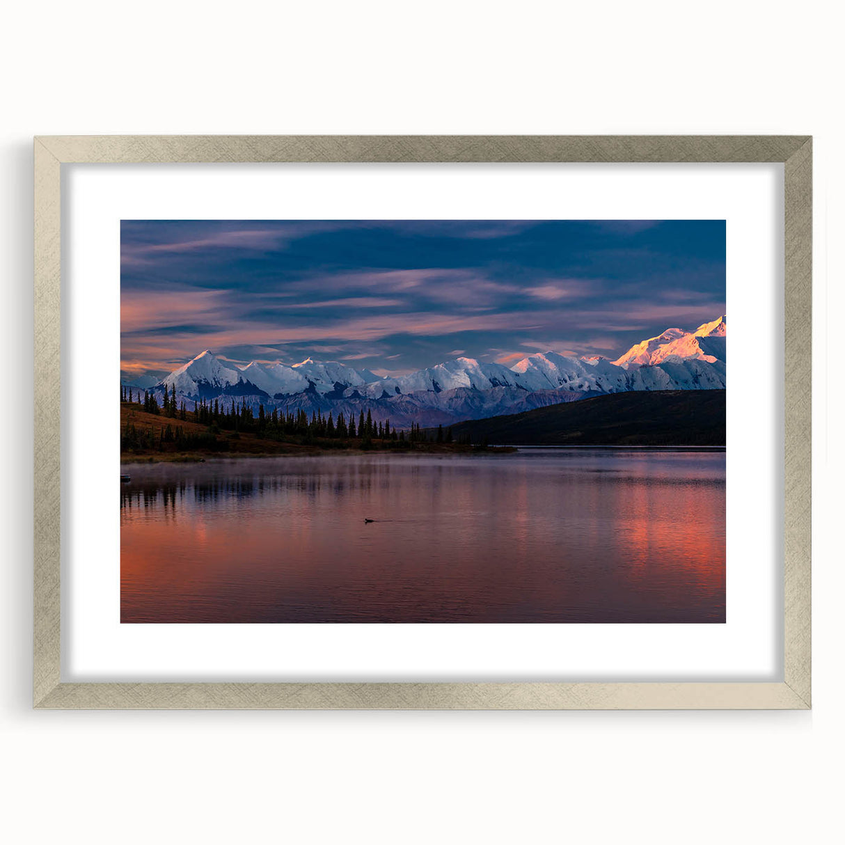 Textured abstract art print of Denali, Alaska, in muted earth tones on a framed canvas, ideal for bedroom decor.