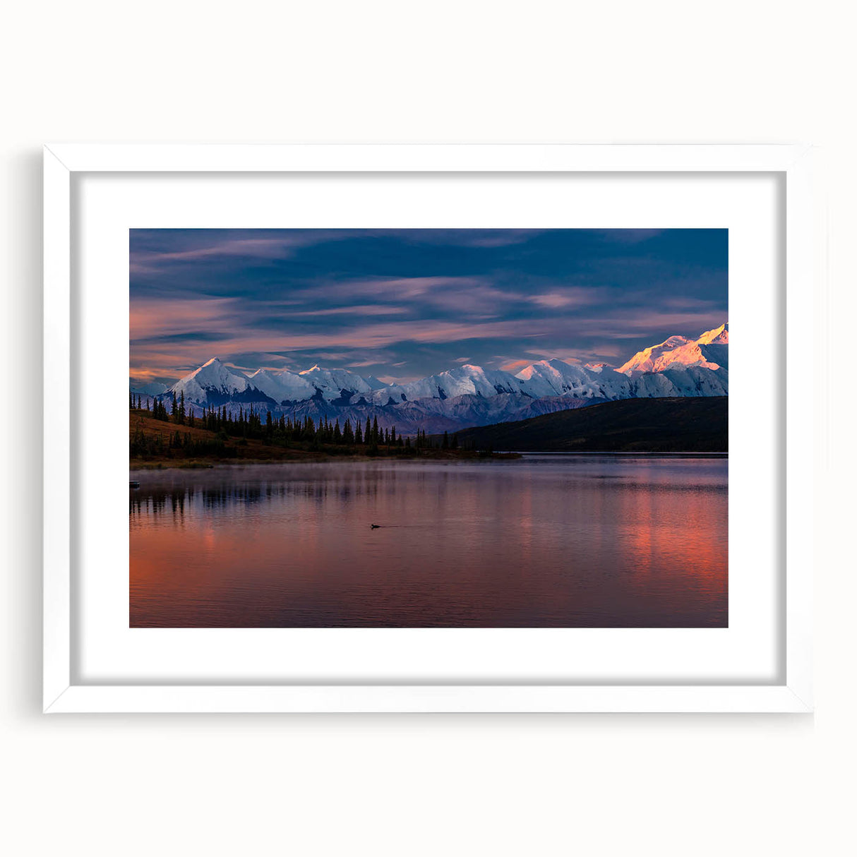 Abstract art print of Denali, Alaska in muted earth tones on a white framed canvas.