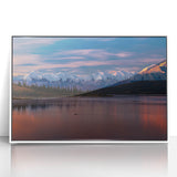 Acrylic print of Denali, Alaska in muted earth tones, framed in white, suitable for modern art wall decor.