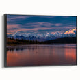 Black and white landscape art painting of Denali, Alaska on framed canvas, suited for bedroom decor.