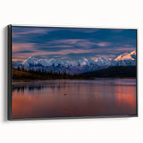 Black and white landscape art painting of Denali, Alaska on framed canvas, suited for bedroom decor.