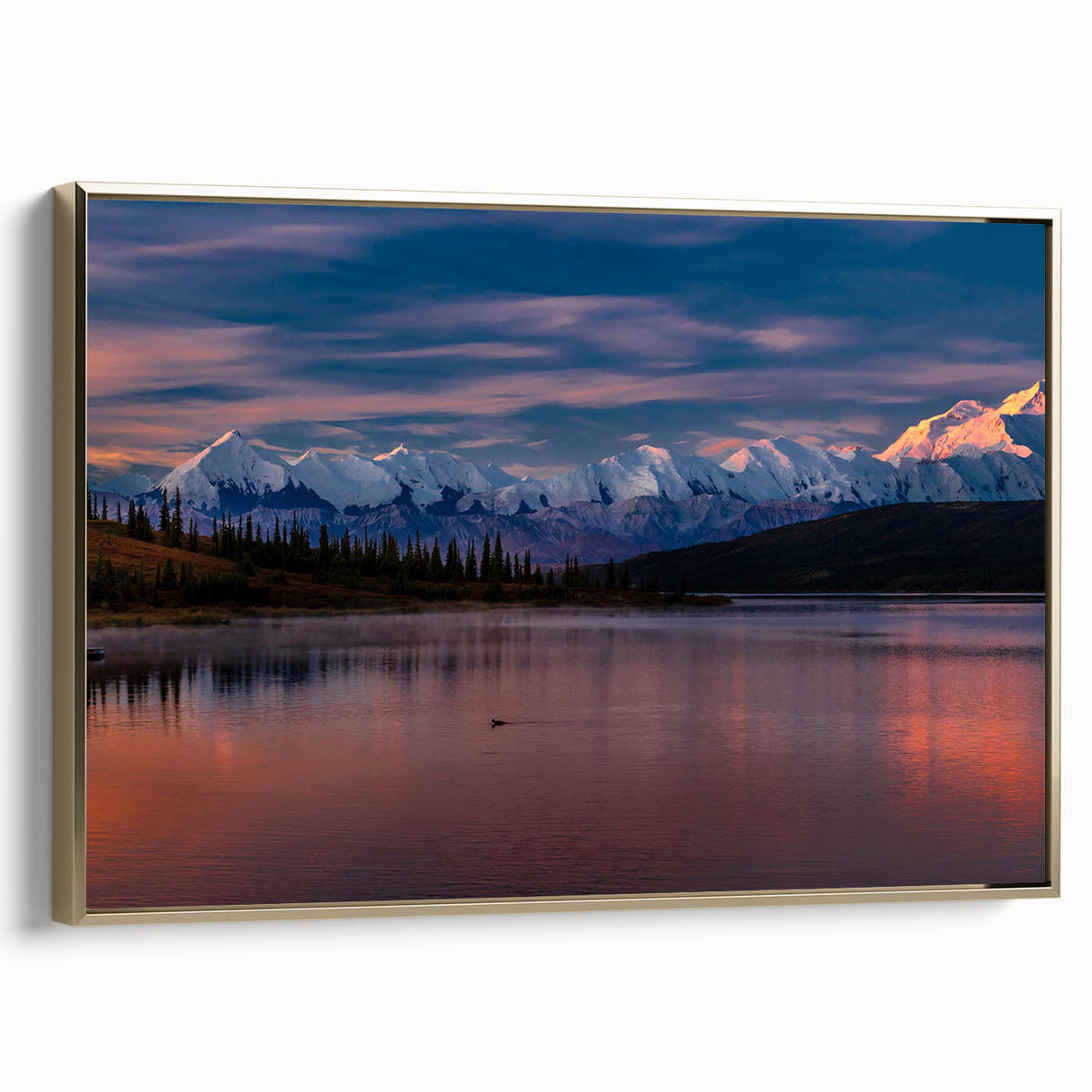 Landscape painting of Denali, Alaska in muted gold and black tones on a framed canvas, suitable for bedroom decor.