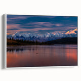Vintage poster art of Denali, Alaska in colorful tones on a large framed canvas, ideal for living room decor.