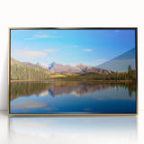 Mid-century modernist style large art print of an Alaskan landscape in muted earth tones on framed acrylic.