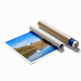 Extra large rolled print of Alaskan scenery with floral elements in soft hues, suitable for classy bathroom wall art.