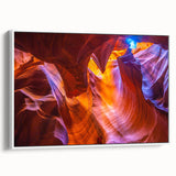 Vintage poster art of Antelope Canyon in Arizona on a framed canvas, featuring a palette of earthy tones.