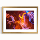 Extra large textured abstract art print of Antelope Canyon in Arizona, with gold frame, ideal for living room decor.