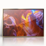 Large art print of Antelope Canyon in Arizona, featuring gold-framed acrylic with mid-century modernist style.