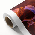 Art Deco style poster of Antelope Canyon in Arizona, displayed on rolled canvas, with warm earth tones.