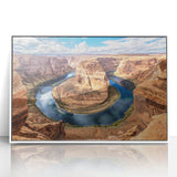 Art deco poster of Glen Canyon in Arizona, featuring muted earth tones on a white acrylic framed print.