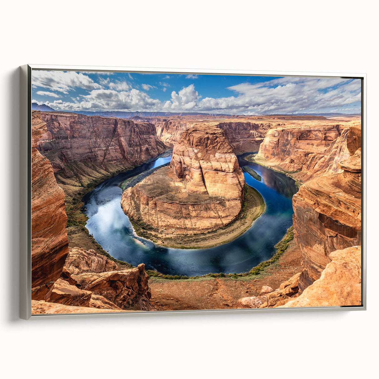 Framed canvas landscape art painting of Glen Canyon, Arizona, featuring earth tones and a vintage poster style.