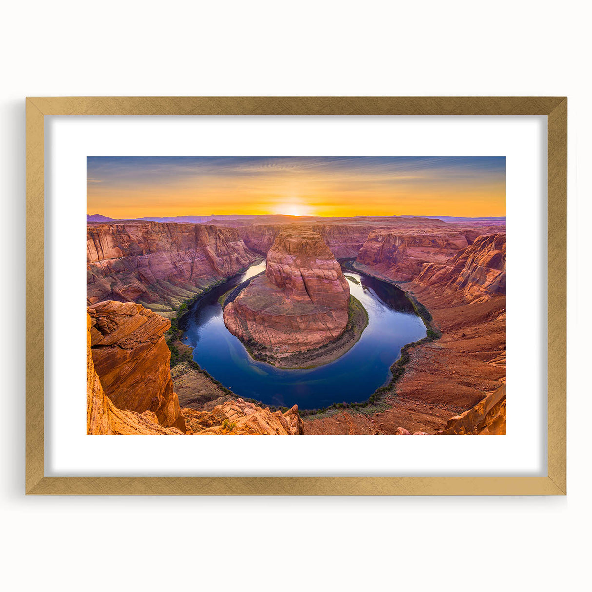 Extra large framed print of Horseshoe Bend in Arizona, featuring textured abstract art with gold mat.