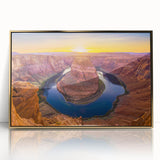 Acrylic print of Horseshoe Bend, Arizona, in gold frame featuring a mid-century modernist style with earthy tones.
