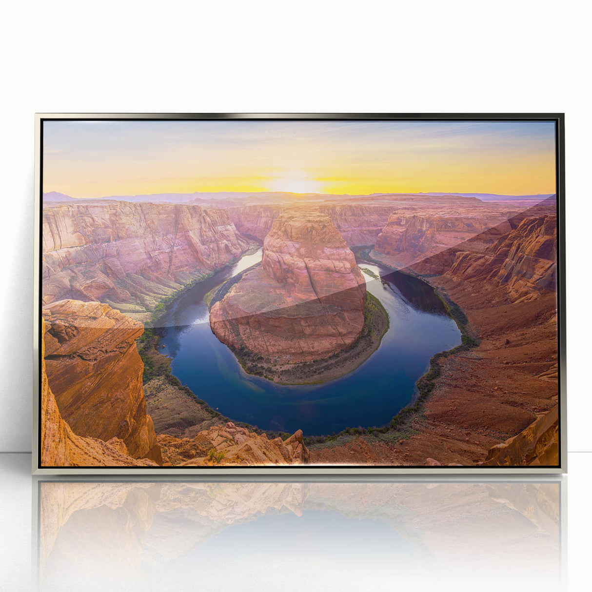 Mid-century modernist art of Horseshoe Bend in Arizona, featuring earthy tones on a framed acrylic.