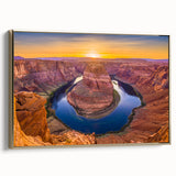 Framed canvas of Horseshoe Bend in Arizona, featuring a landscape with rich gold and black tones, ideal for bedroom decor.