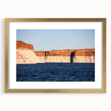Extra large framed wall art of Lake Powell with abstract textured design in gold tones, ideal for living room decor.