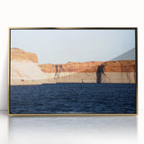 Large art print of Lake Powell on framed acrylic, featuring mid-century modernist style with gold tones.