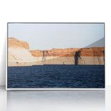 Acrylic print of Lake Powell with muted blue and beige tones in an art deco style, ideal for modern art wall decor.