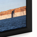 Framed canvas featuring a textured depiction of Lake Powell in Arizona, with a predominately black and colorful palette.