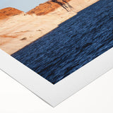 Art deco poster featuring Lake Powell, Arizona, in muted blue and beige tones on rolled canvas.