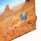 Mid-century modernist style Monument Valley scenery on acrylic glass, with earthy tones, ideal for dining room art.
