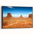 Black and white wall art featuring Monument Valley on framed canvas, ideal for bedroom decor.