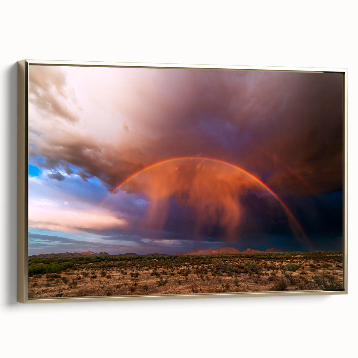 Framed canvas depicting the Sonoran Desert landscape in Arizona, with muted earth tones, ideal for bedroom wall art.